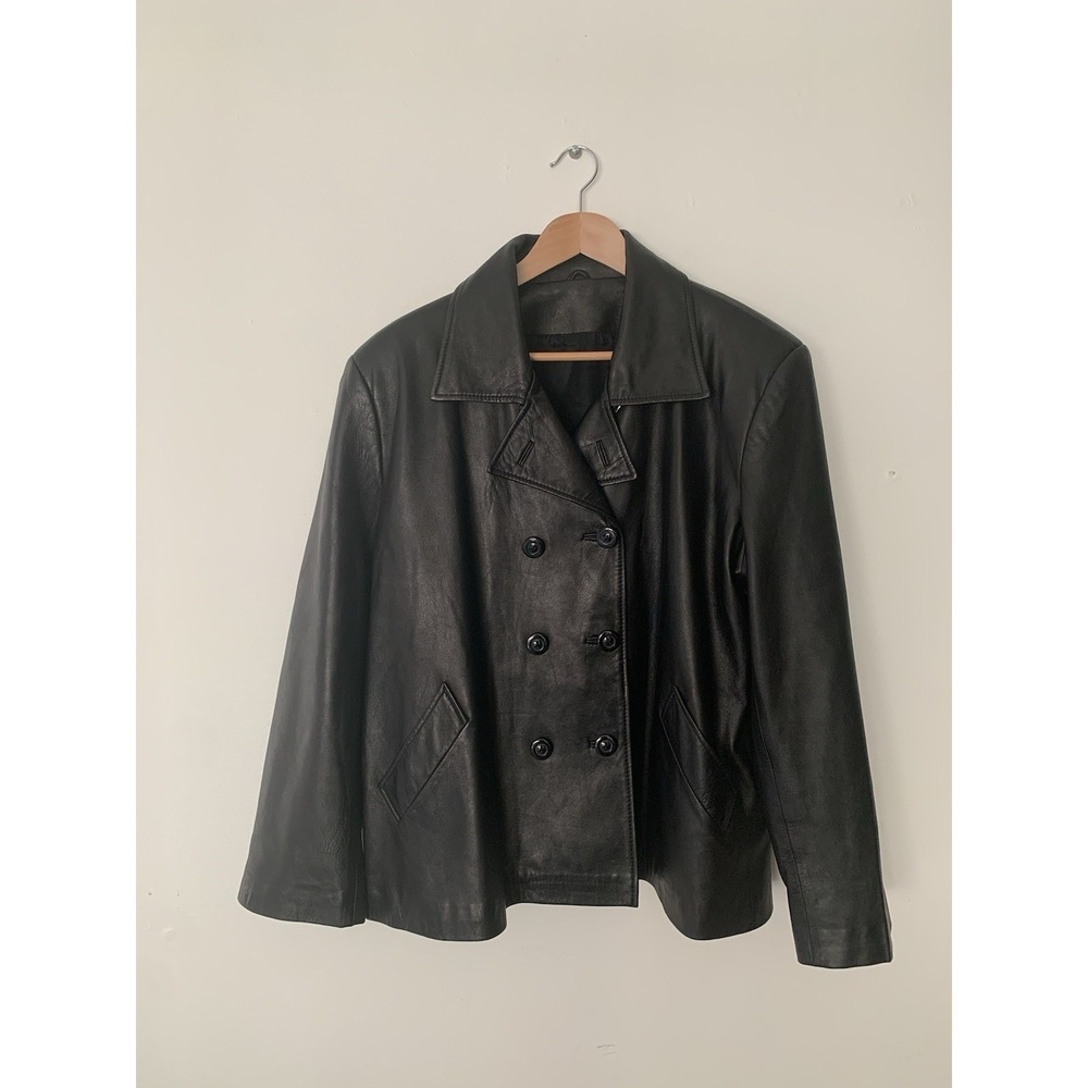 100% Leather Jacket Women XL Black Slight Crop Boxy Buttery Double Breasted